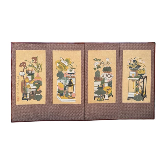 Early 20th Century Vintage Authentic Korean Chaekgeori Munbangdo Four Panel Scholar Screen For Sale - Image 5 of 12