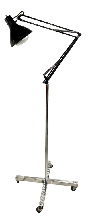 Chrome Rolling Floor Lamp With Articulated Arm, Spotlight