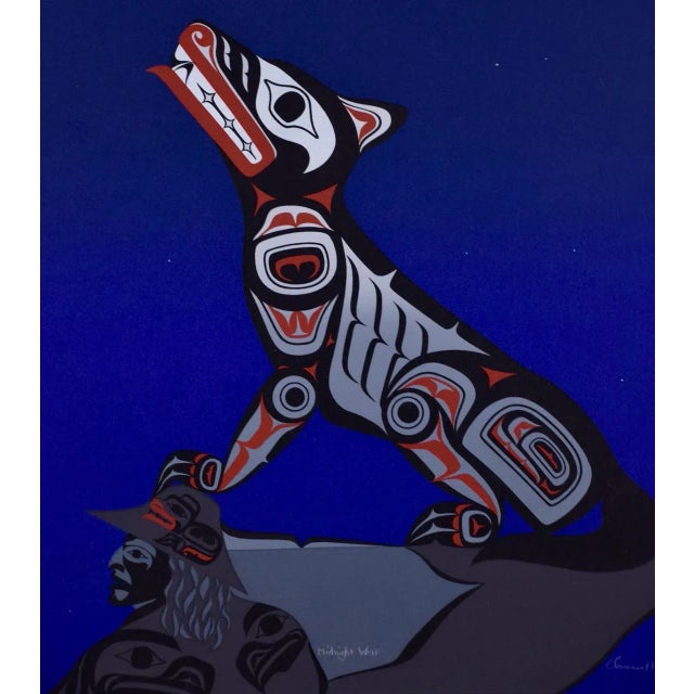 "Midnight Wolf" is a framed signed limited edition abstract inuit native people's work by Northwest Coast Haida artist...