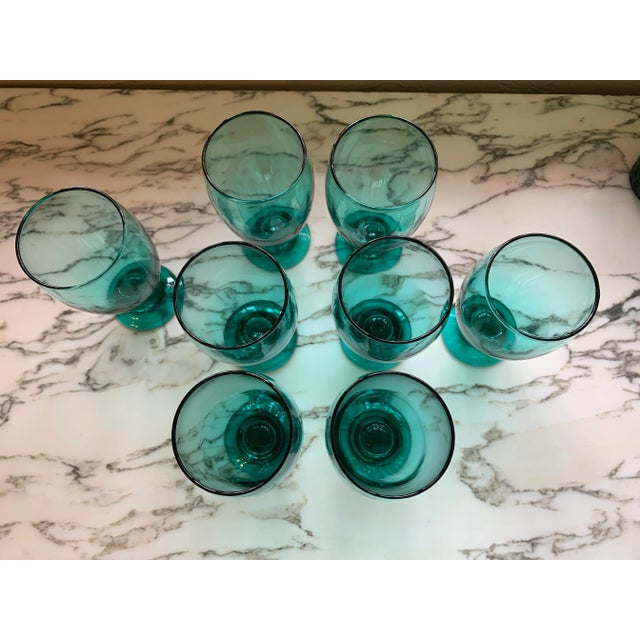 Teal Contemporary Teal Glass Water Goblets Set of 8 For Sale - Image 8 of 12