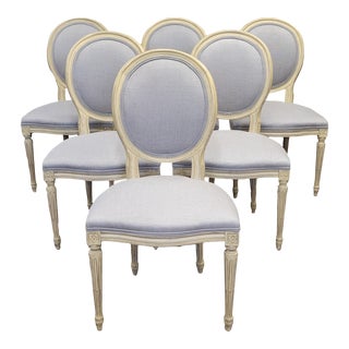 Vintage Baker Furniture French Louis XVI Painted Dining Chairs Reupholstered - Set of 6 For Sale