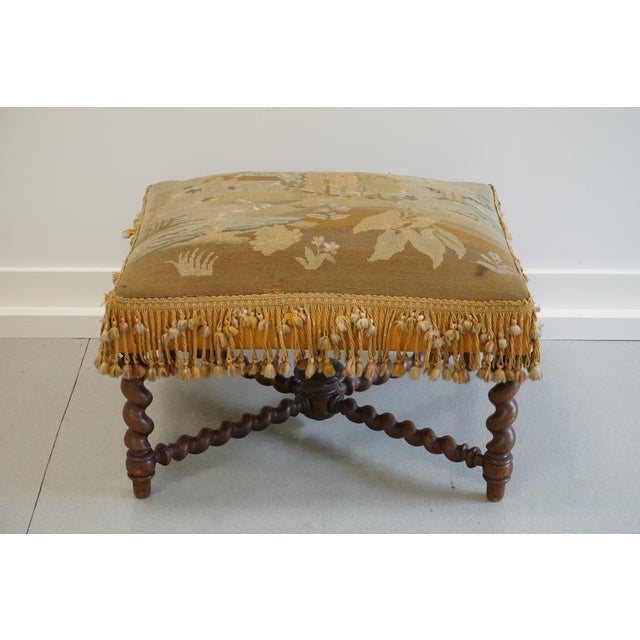 Antique Wooden Ottoman With Ornate Tapestry Upholstery, France Chairish