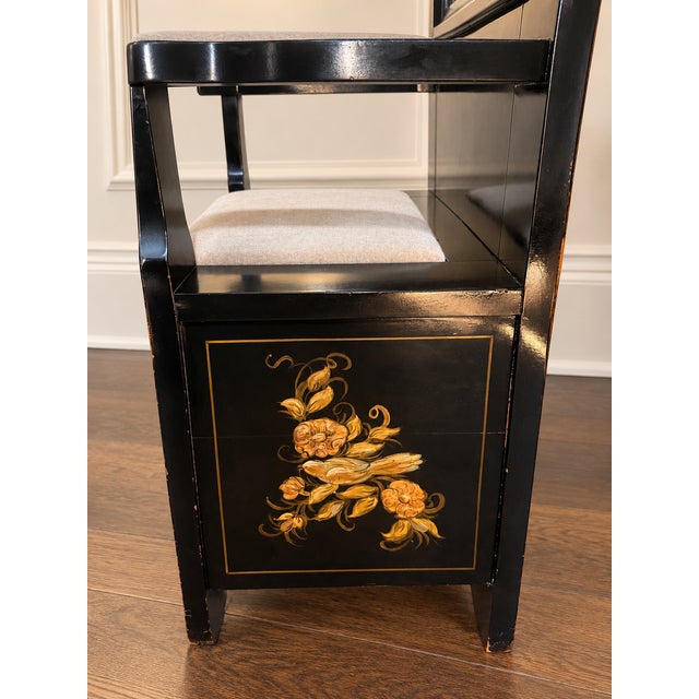 Vintage Black Lacquer Chinoiserie Hall Tree With Mirror and Mohair Upholstered Seat For Sale - Image 10 of 11