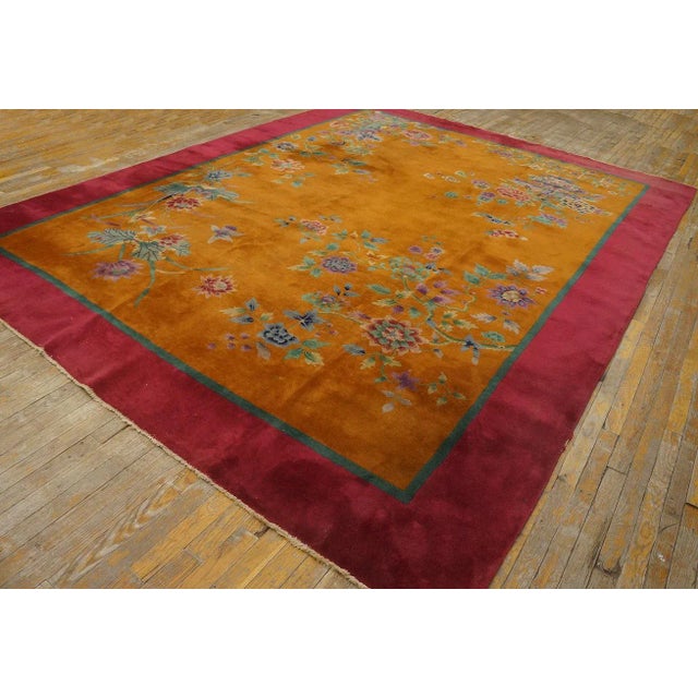 Art Deco 1920s Burnt Orange Floral Antique Chinese Art Deco Carpet 8'8'' X 11'4'' Knotted Pile Wool Rug For Sale - Image 3 of 12