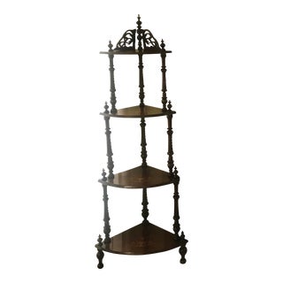 Late 19th Century Victorian, Hand-Carved, Walnut, Corner Display Shelving Etagere With Inlaid Floral and Urns For Sale