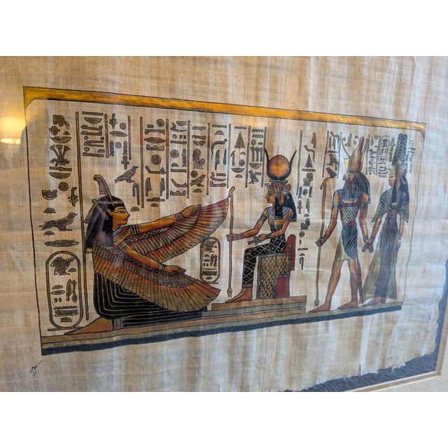 1960s Pair of Mid-Century Modern Framed Egyptian Papyrus Artworks, 20x24 Gold Aluminum Frames For Sale - Image 5 of 10