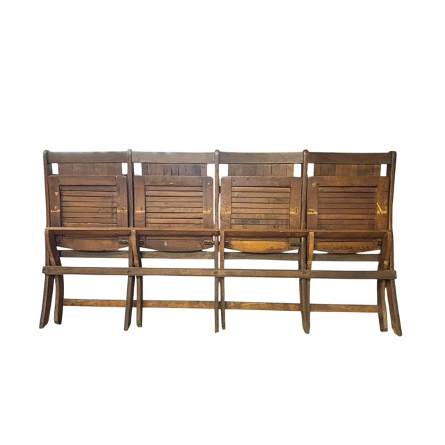 Campaign Vintage Four-Seat Folding Slatted Wood Bench, Theater, Waiting Room & Industrial Style Seating For Sale - Image 3 of 10