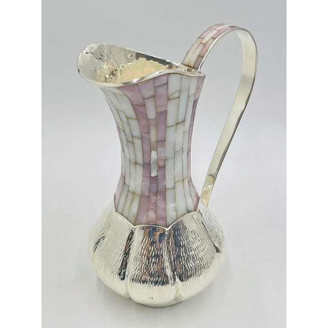 Metal 1960s Los Castillo Silver-Plated & Mother of Pearl Water Pitcher, Mexican Modernism For Sale - Image 7 of 18