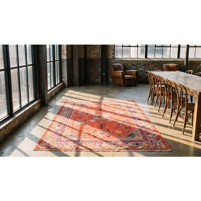 Red 1920s Red Rust Rustic Pomegranate Antique Central Asian Khotan Rug 5'2" X 8'3" Knotted Wool Carpet For Sale - Image 8 of 8
