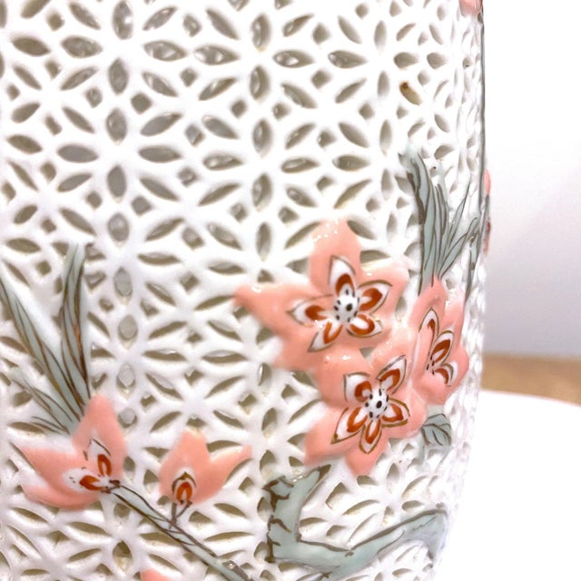 Metal Antique Chinese Reticulated Porcelain Hand Painted Floral Vase Gold Gild For Sale - Image 7 of 11