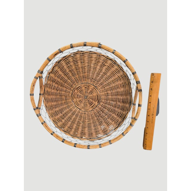 Vintage Country French Wicker Wire Sides Round Handle Tray For Sale - Image 4 of 13