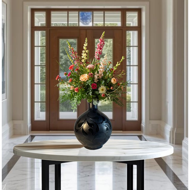 Black Large 16 In, Tall Bulbous Black Ceramic Leaf Design Vase For Sale - Image 8 of 14