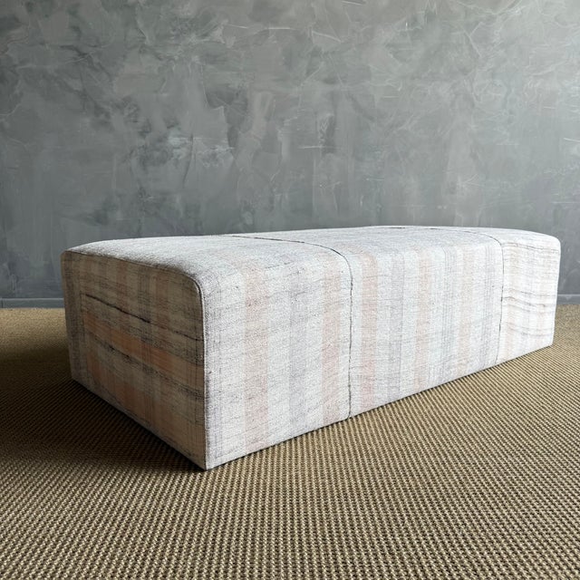 Laguna Ottoman White Oak Waterfall Table Upholstered in a Vintage Turkish Rug For Sale In Los Angeles - Image 6 of 14