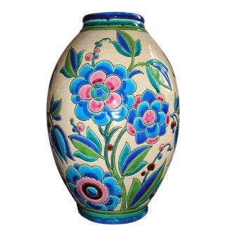 1930s Keramis Boch Blue Green and Pink Ceramic Vase For Sale