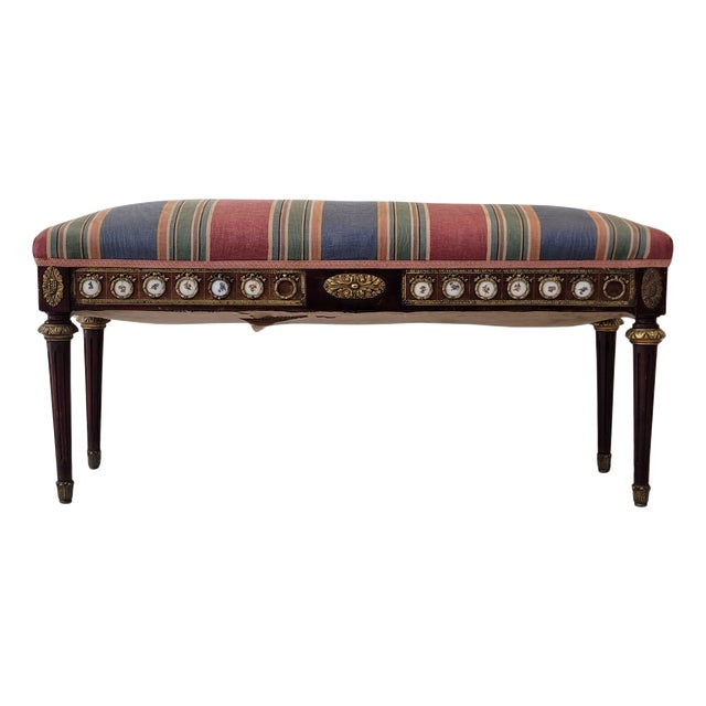 Louis XVI Style Dressing Bench in Beech, Bronze and Porcelain, France, 1850 For Sale