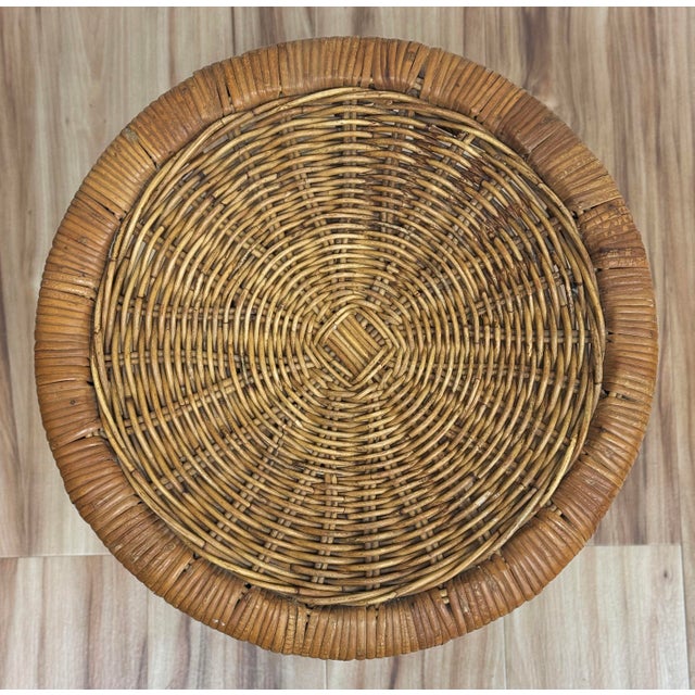 Wood Vintage Scorched Bamboo Stool With Woven Wicker Top For Sale - Image 7 of 7