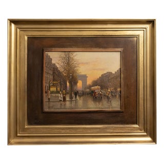 Paris Scene, Arc de Triomphe, Oil Painting on Platex, 20th Century, Framed For Sale
