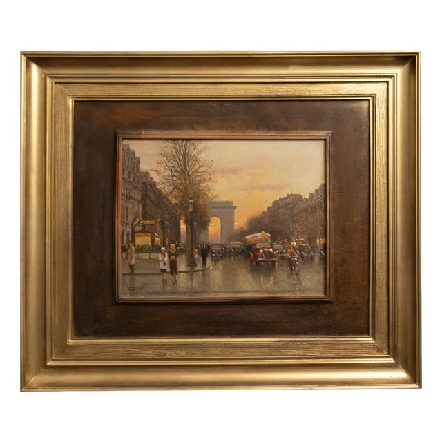 Paris Scene, Arc de Triomphe, Oil Painting on Platex, 20th Century, Framed For Sale