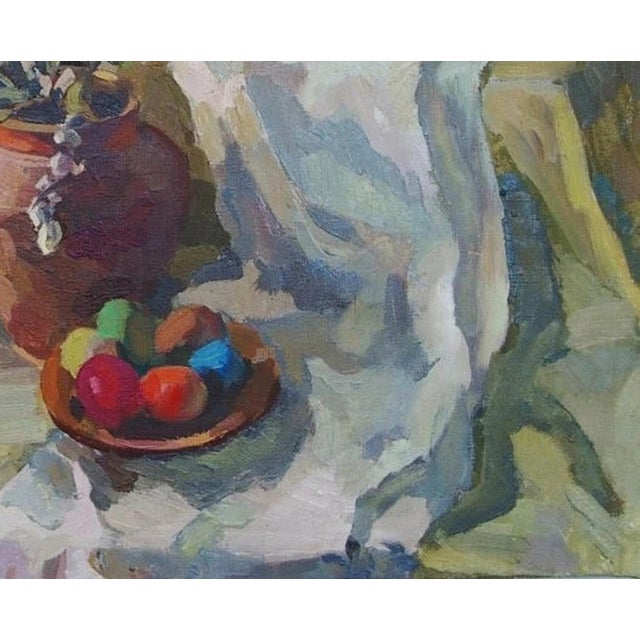 Antique Still Life Oil Painting: Flowers and Food, Ukrainian Art 52-64 For Sale - Image 6 of 6