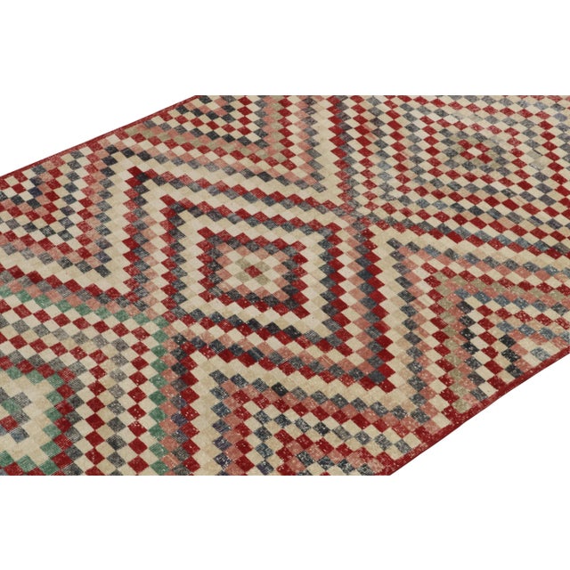 Rug & Kilim 1960s Vintage Turkish Rug in Red, Beige and Pink Geometric Pattern, Distressed For Sale - Image 4 of 7