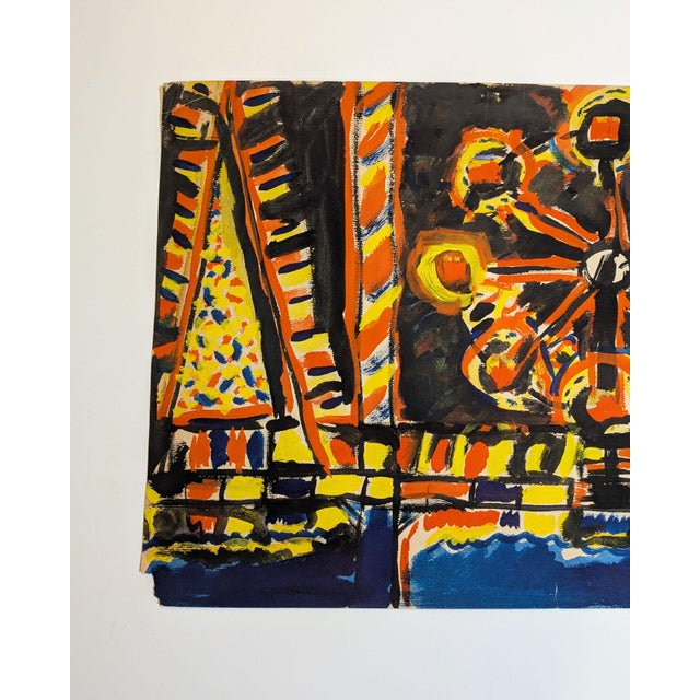 Dynamic, original, mid-century expressionist painting on paper depicting Brooklyn’s iconic Coney Island amusement park....