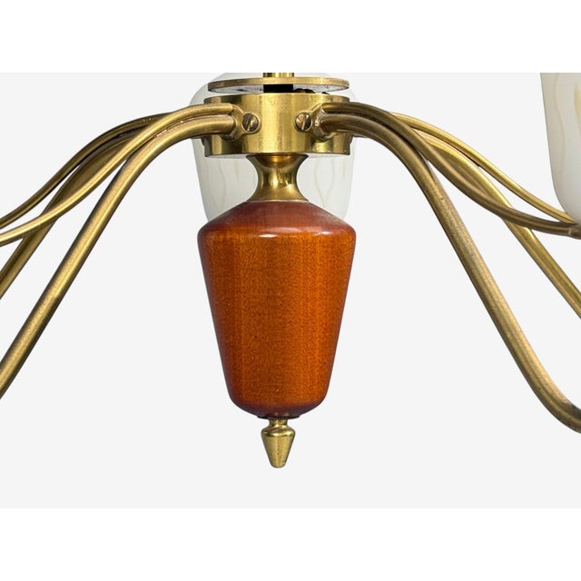 Brass Swedish Modern, Chandelier, Brass, Mahogany, Glass, Sweden, 1940s For Sale - Image 8 of 11