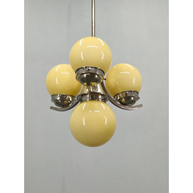Art Deco Chrome and Opaline Glass Chandelier, 1930s For Sale - Image 3 of 14