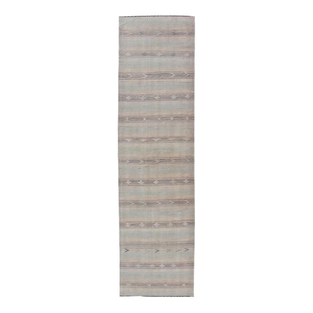 Vintage Turkish Kilim Runner With Soft Beige and Muted Pastel Stripes For Sale