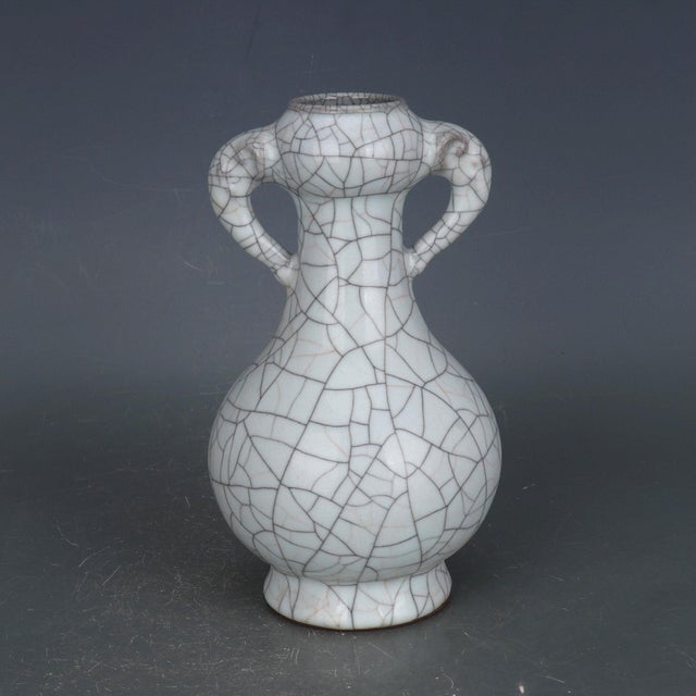 Chinese Ceramic Vase Guan Ware Crackle Glaze Celadon Double Ears Vase For Sale - Image 4 of 6