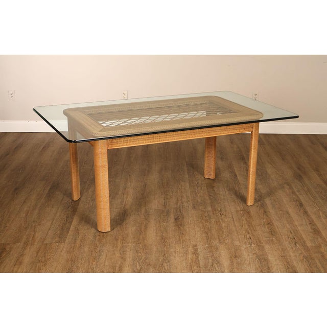 High Quality American Made Wicker Dining Table with Wrapped Legs and Thick Glass Top, by Lexington Furniture (Not Labeled)