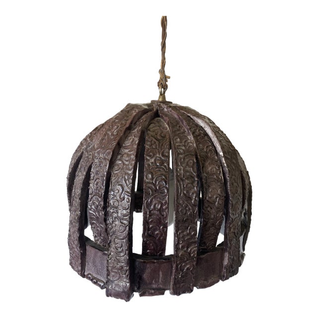 1970s Handcrafted Brutalist Ceramic Pendant Light With Leather Cord For Sale
