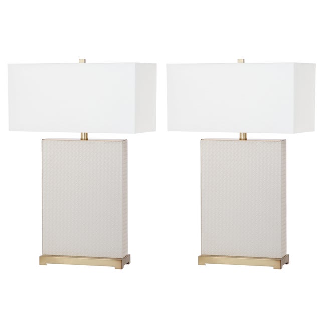 Textile 27.75-Inch H Faux Woven Leather Table Lamp in Cream - a Pair For Sale - Image 7 of 7