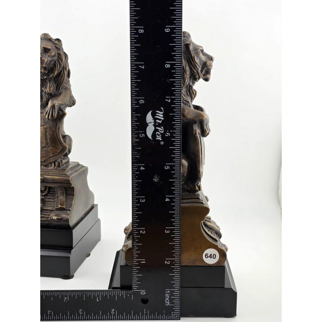 Rare Antique Pair of Victorian-Era Bronze Lion Rampart Bookends on Pedestal. For Sale - Image 15 of 16
