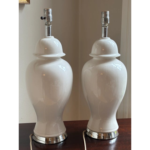 1960s White & Chrome Ginger Jar Table Lamps — A Pair For Sale - Image 11 of 17