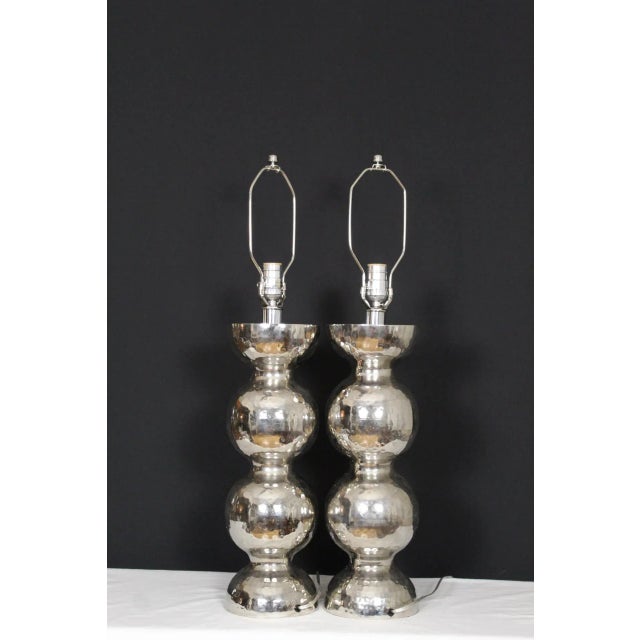 Mid 20th Century Tommi Parzinger Style Hammered Nickel Table Lamps - a Pair For Sale - Image 10 of 13