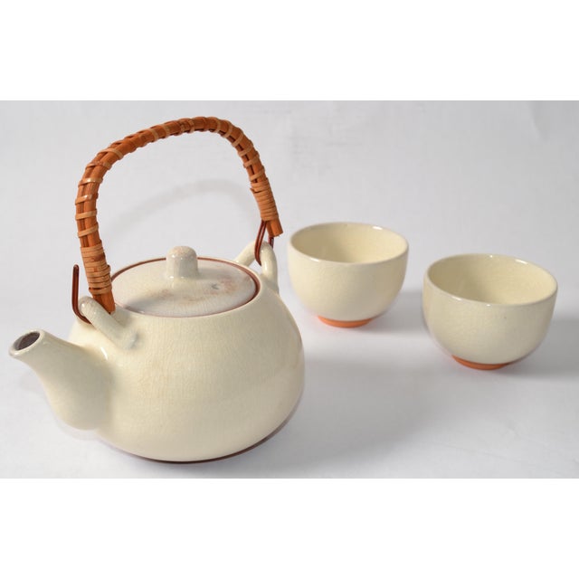 Wood Vintage Japanese Tea Handmade Stoneware Ceramic Kotobuki - Set of 3 For Sale - Image 7 of 15