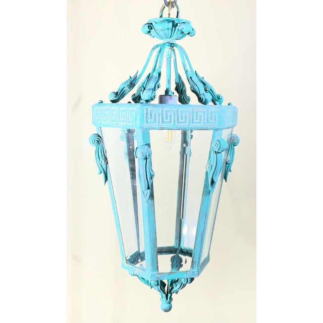 Vintage Neoclassical Verdigris Lantern – Greek Key Detail – Restored & Rewired For Sale - Image 9 of 15