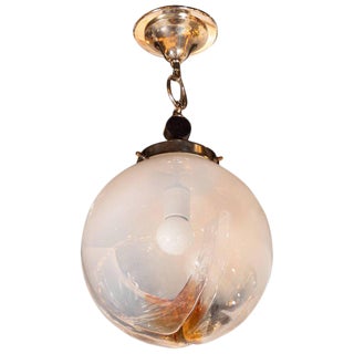Midcentury Globe Pendant in Semi-Opaque Glass With Amber Accents by Mazzega For Sale