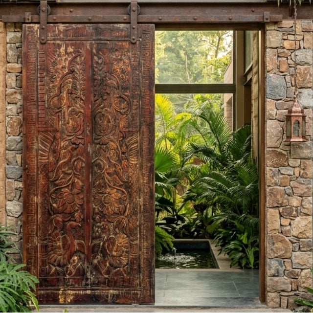 Wood Antique Tree of Life Carved Wood Barn Door Panel – Rustic Peacock & Floral Motif For Sale - Image 7 of 7