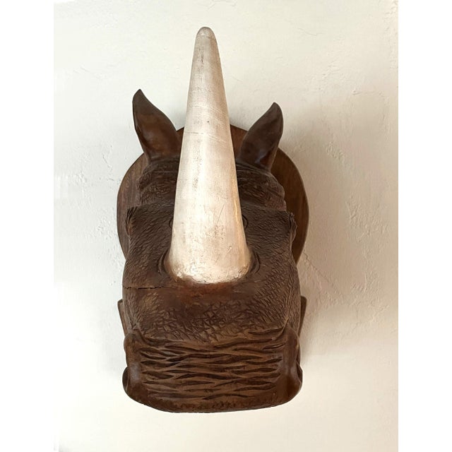 Wood Large Hand Carved Wood Rhinoceros Head Wall Hanging For Sale - Image 7 of 8