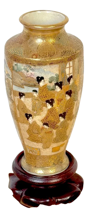 Meiji Period Satsuma Gilt Enameled Immortal & Geisha Vase & Stand by Kozan Zo