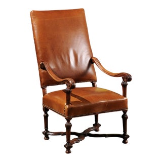 French Louis XIV Style Late 19th Century Beech Fauteuil with Leather Upholstery For Sale