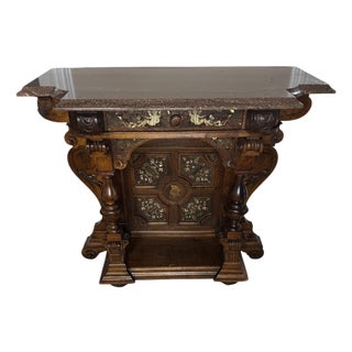 Fine German Renaissance Revival Walnut Console Table With Inlaid Marquetry and Provenance-Inscribed Rouge Marble TopCirca 1875–1890 For Sale