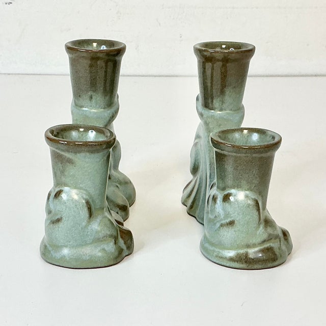 Ceramic 1950s Vintage Boho Chic Americana Arts & Crafts Frankoma Pottery Double Arm Candlestick Holders - A Pair For Sale - Image 7 of 18