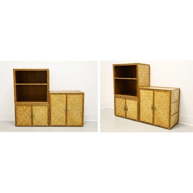 A Coastal / Tropical style modular open shelving and console cabinet unit, unbranded. Woven rattan in a herring bone...