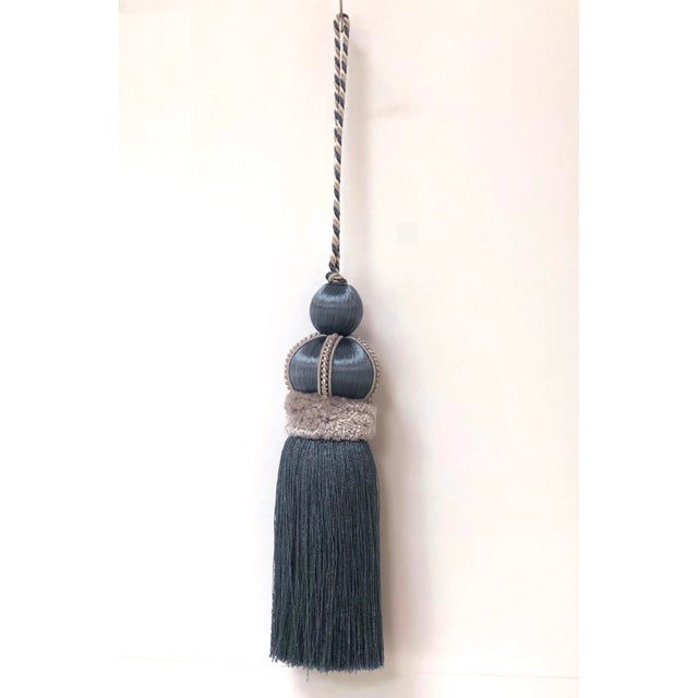 Pair of Smoky Blue Key Tassels With Satin & Cut Velvet Details For Sale In New York - Image 6 of 13