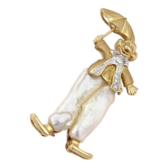 Diamond Baroque Pearls 14k Gold Clown With Umbrella Brooch Pin For Sale