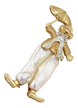 Diamond Baroque Pearls 14k Gold Clown With Umbrella Brooch Pin