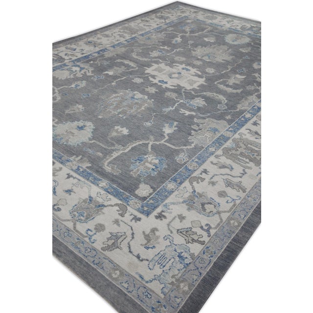 Early 21st Century Early 21st Century Gray & Blue Floral Design Handwoven Wool Modern Turkish Oushak Rug 9'9" X 13'11" For Sale - Image 5 of 10