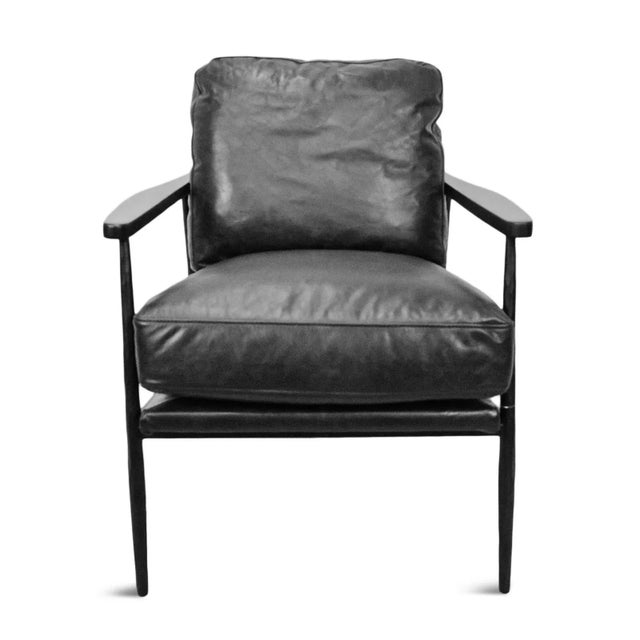 Handsome dark charcoal black top grain leather club chair. Black wood armrests and hand hammered iron frame. Each chair...